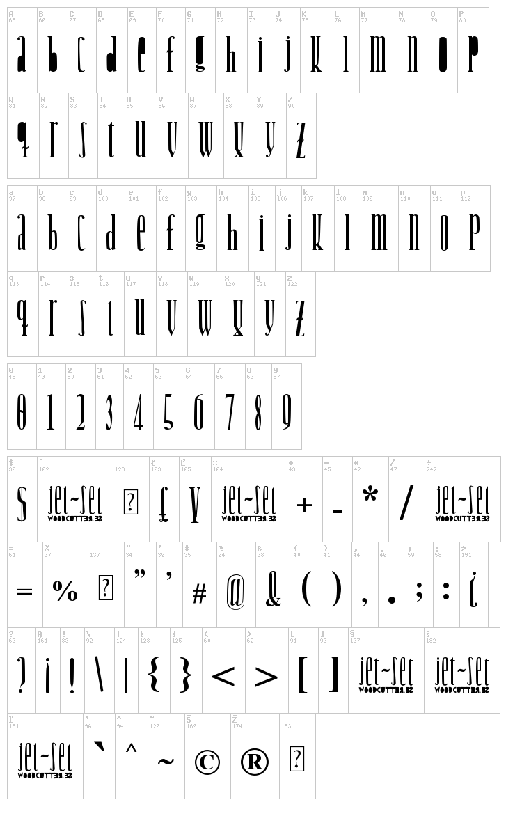 Woodcutter Jet-Set font map